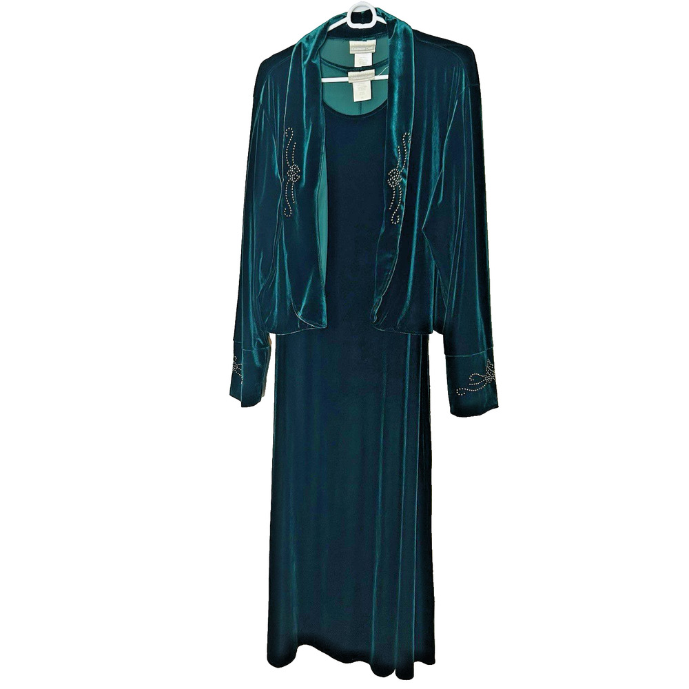 Coldwater Creek Formal Dress and Jacket XL Green Velour Gold Beads 2 Piece Set - Picture 2 of 11